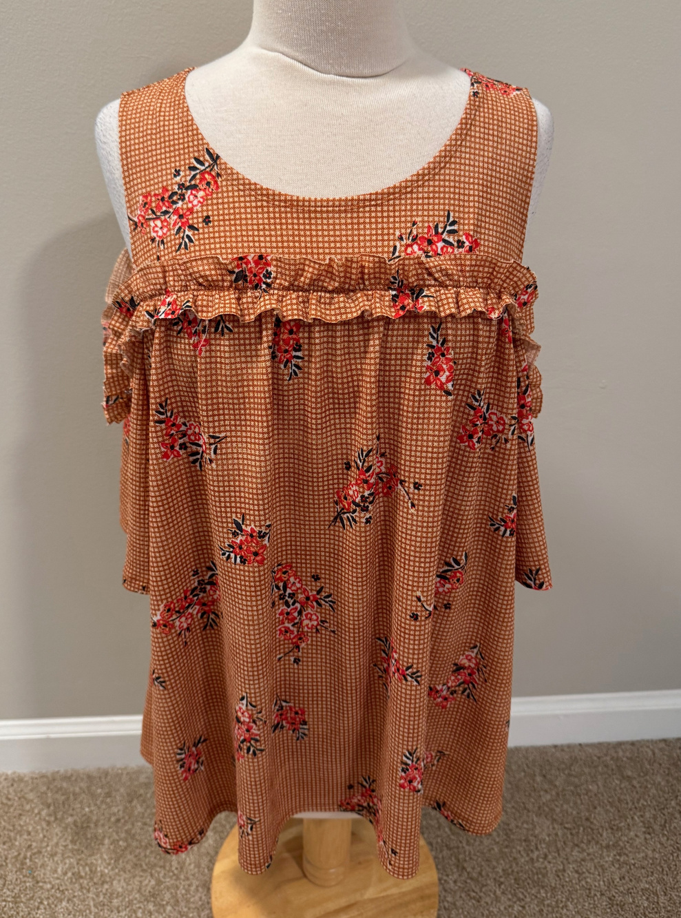 Womens XL Lauren Conrad Cottage Core Orange Gingham Check Floral Cold Shoulder